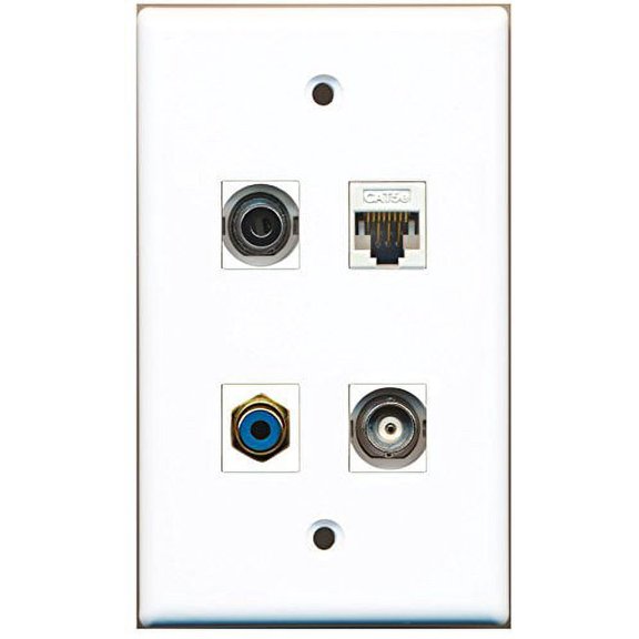RiteAV - 1 Port RCA Blue 1 Port 3.5mm 1 Port BNC 1 Port Cat5e Ethernet White Wall Plate