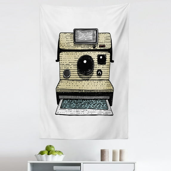 Camera Tapestry, Vintage Photo Machine Instant Images Old Looking Retro Lens Design Print, Fabric Wall Hanging Decor for Bedroom Living Room Dorm, 5 Sizes, White Beige and Black, by Ambesonne