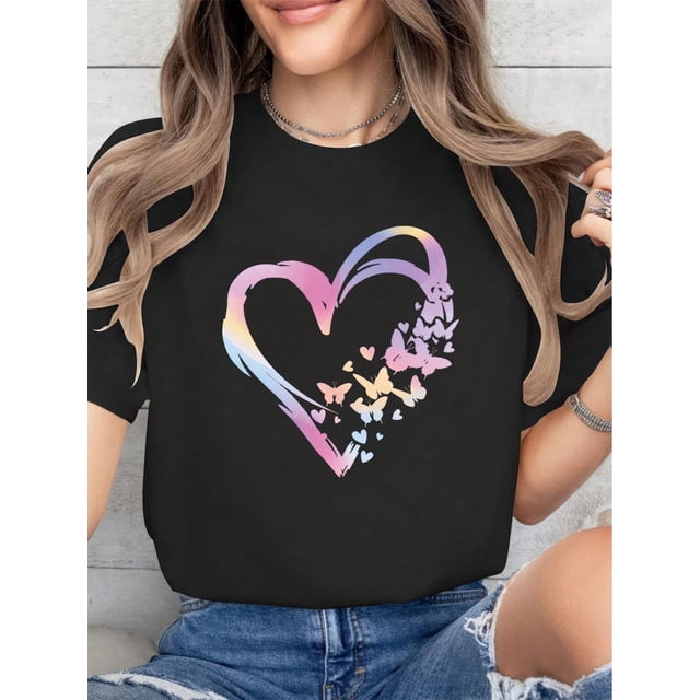 Heart Butterfly Print T-Shirt, Casual Crew Neck Short Sleeve Comfort Tee Top For Spring & Summer, WoCamisetas para mujer, lindas camisetas con estampado gráfico, de manga corta, estilo casual, para ve