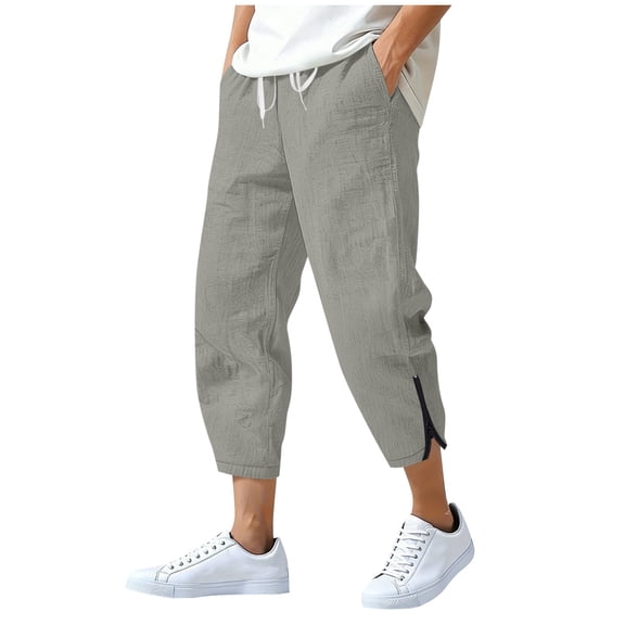 jobturf Linen Capris for Men with Pockets Side Zipper Drawstring Elastic Waist Capri Pants Summer Loose Fit Work Trousers Size L