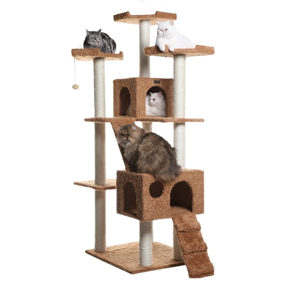 Armarkat 74-in Multi-Level Real Wood Cat Tree Large Cat Play Furniture With SratchhIng Posts, Large Playforms, A7407 Ochre Brown