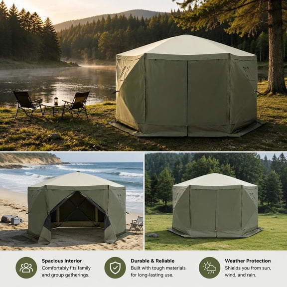 Pop up Gazebo Tent, 12X12ft Quick Set Screen Tent, 6-Sided Canopy with Mesh Windows and 6 Removable Privacy Wind Cloths