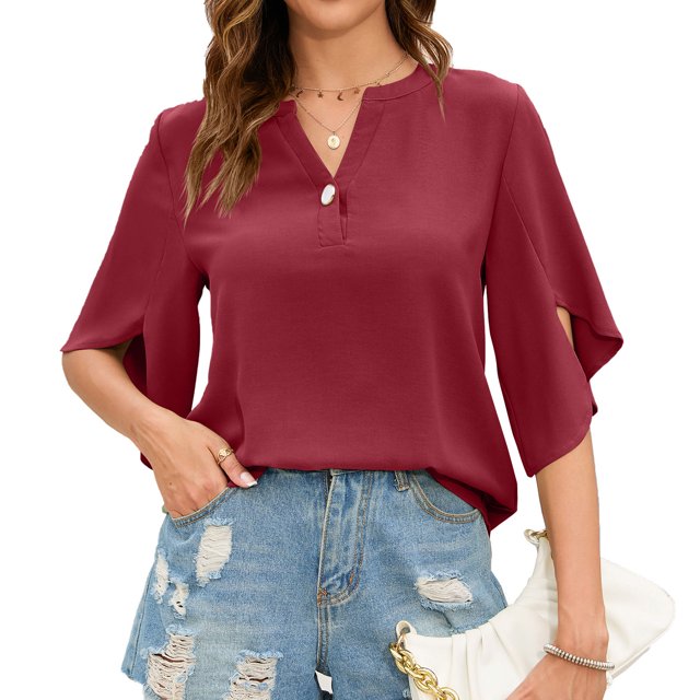Top de manga corta dividido para mujer, blusa holgada informal de moda de Color liso con cuello en V y botones para citas