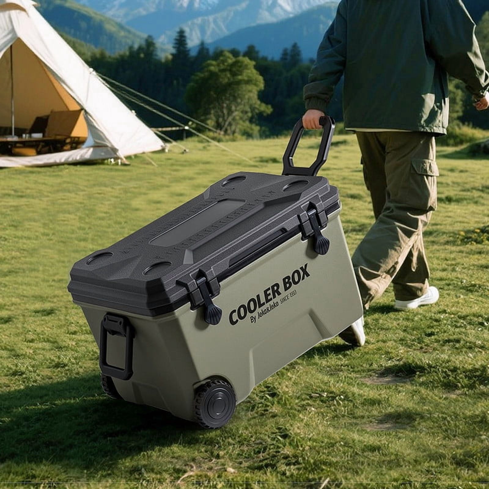 JEKO&JEKO 60QT Rolling Cooler with Wheels, Ice Packs, Cup Holders, Bottle Opener & Drain Plug, Portable Hard Cooler for Camping, Fishing, Beach, Picnic (Black & Gray)