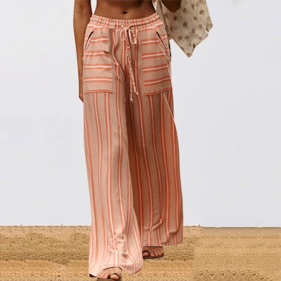 Women's High Waisted Wide Leg Pants Trousers Slacks, Stripe Print Stretchy Breathable, Casual Business Office Work Lounge Wear, Summer Travel Essentials | Aestivo,Khaki L