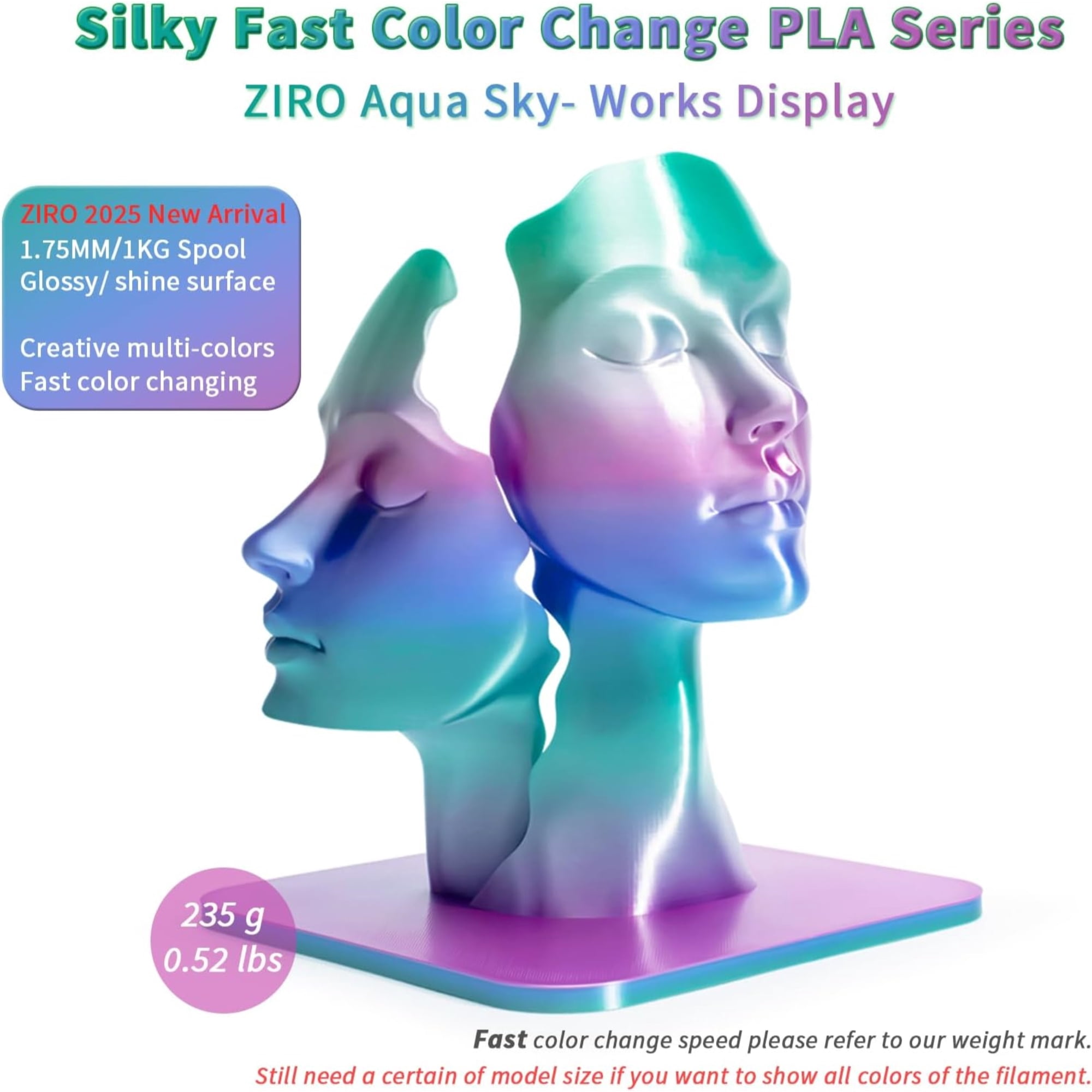 Ziro 3D Gradient Silk PLA Filament 1.75mm 1kg, Aqua sky