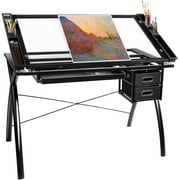 lazyBuddy Adjustable Drafting Table with Glass Top Art Drawing Craft Desk with 2 Storage Drawers
