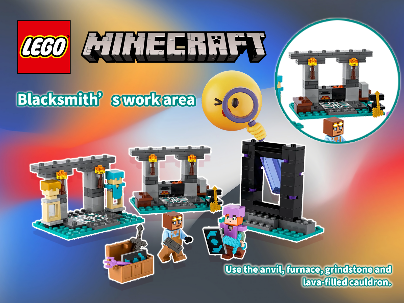 LEGO Minecraft 21252 The Armory Building Set – 203-Piece Block Kit with Alex & Armorsmith Figures, Weapons, Forge & Nether Portal