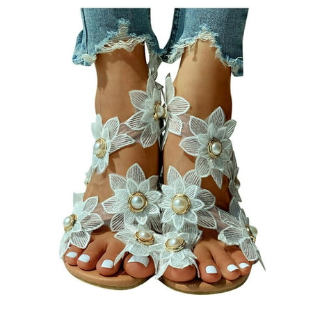 

Women Summer Floral Pearl Flat Sandals Casual Clip-Toe Flat Shoes Fashion Beach Sweet & Cute Slip-Ons Sandals
