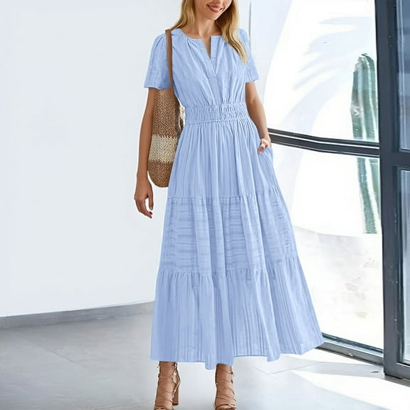 Women's Flowy Boho Summer Dress Lightweight Midi Maxi Casual V Neck Short Sleeve Elastic Waist Beach Dress with Pockets