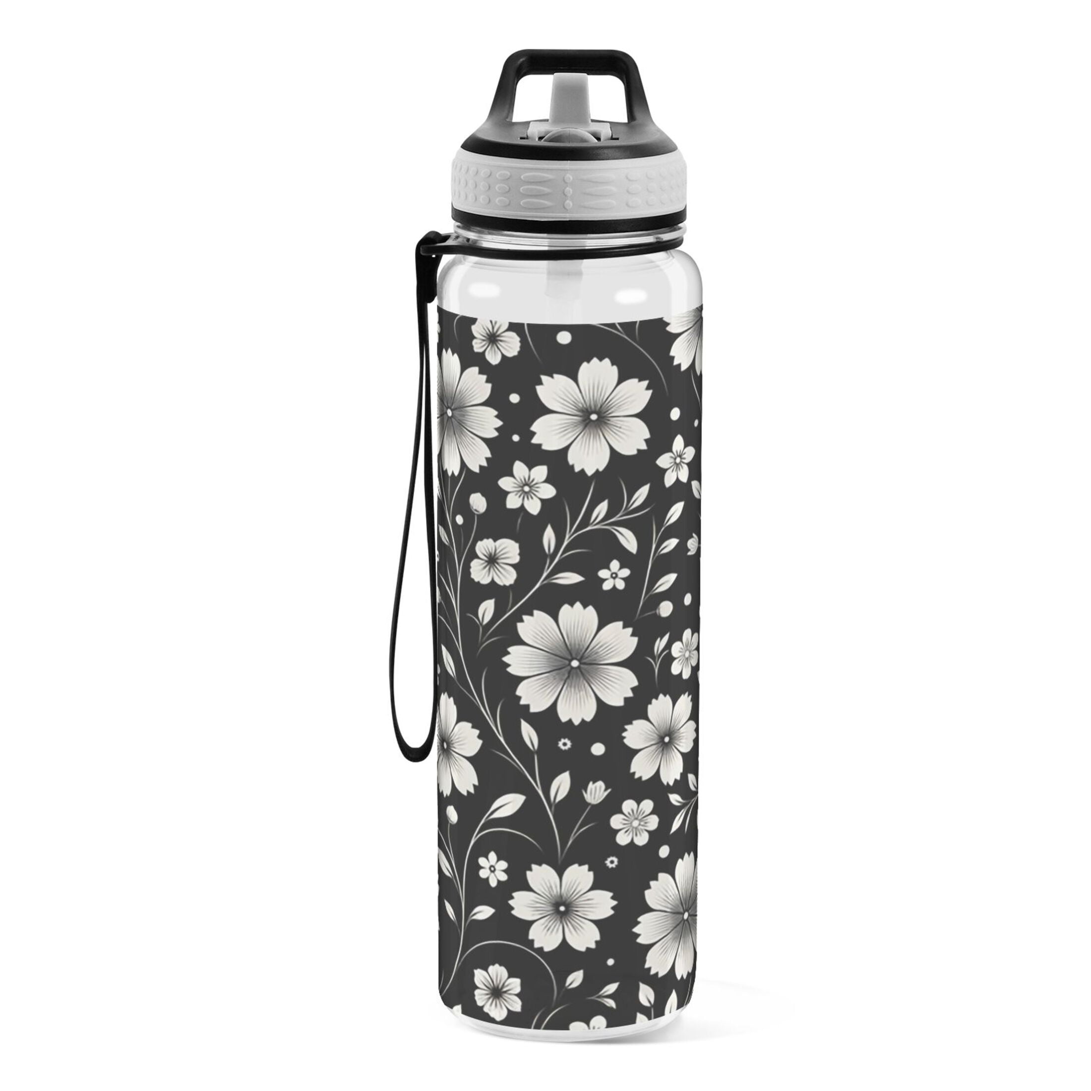 Retro White and Black Flowers Sports Water Bottle 32oz with Straw for Kids Travel Mug BPA Free Leak Proof for School