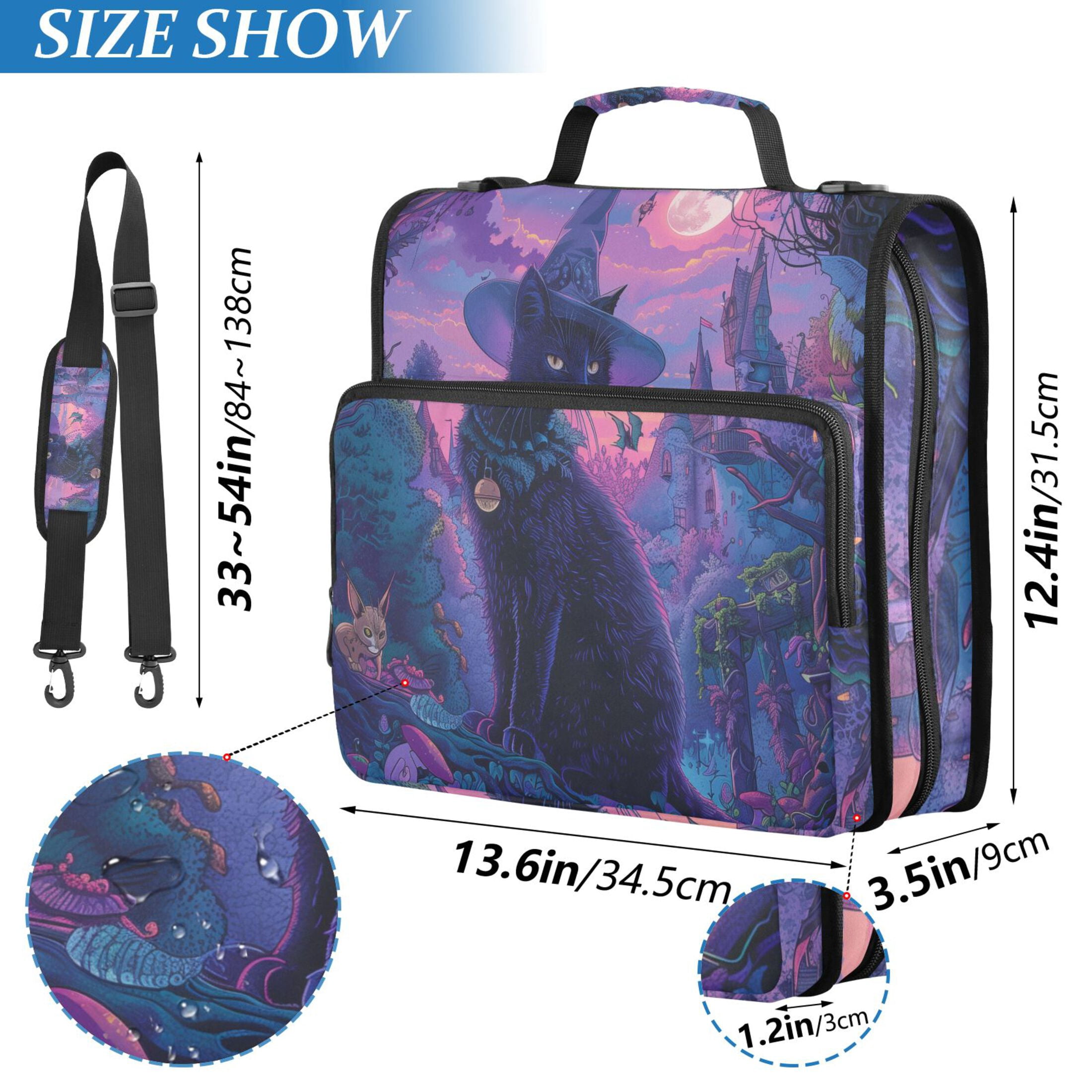 3 Ring Zipper Binder with Shoulder Strap Waterproof Trapper Keeper 2 Inch D-Ring 500 Sheets Capacity Black Cat with Wizard Hat