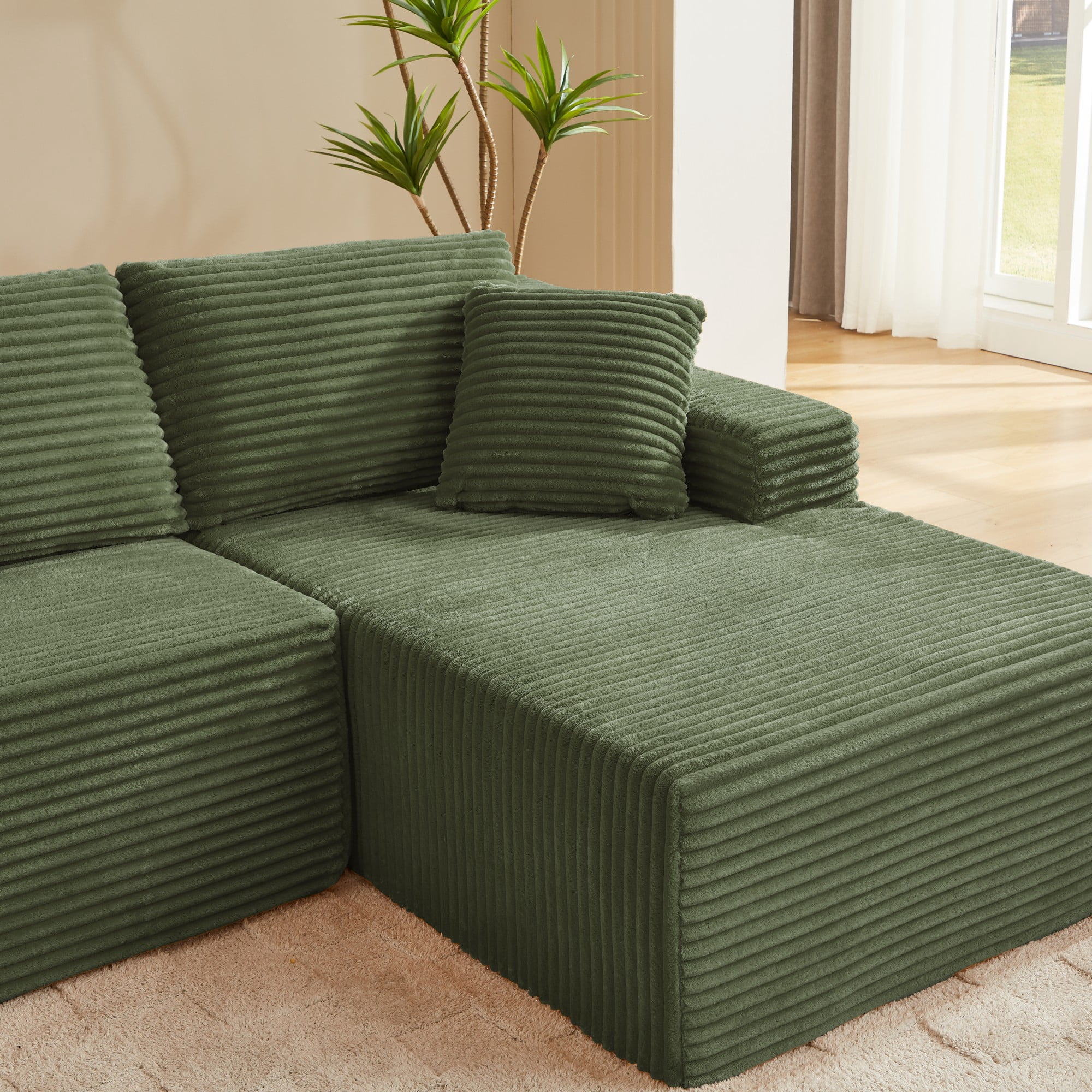 Aukfa 103" Modular Cloud Sectional Sofa, L-Shaped Boneless Couch with Right-Facing Chaise, Deep Seat Corduroy Sleeper Sofa for Living Room, Green