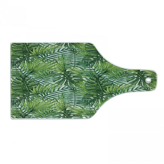 Leaf Cutting Board, Tropical Exotic Banana Forest Palm Tree Leaves Watercolor Design Image, Decorative Tempered Glass Cutting and Serving Board, Wine Bottle Shape, Pale Green Dark Green, by Ambesonne