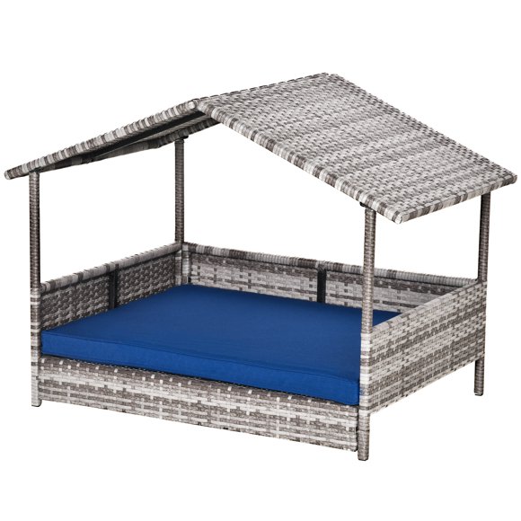 PawHut Blue Wicker Pet House Dog Bed with Cushion - All-Weather PE Rattan Indoor/Outdoor Furniture, 38.5"W x 27.5"H Elevated Dog Cot for Balcony, Patio & Garden