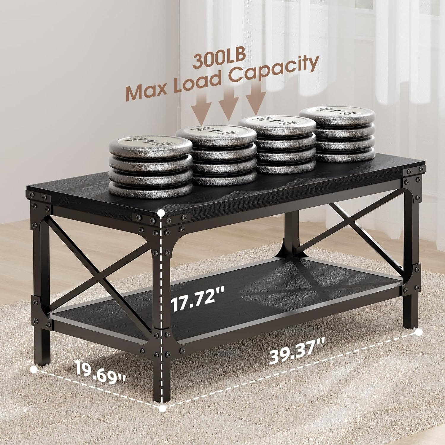 LazySpin Industrial Wood Coffee Table Rectangle, Black