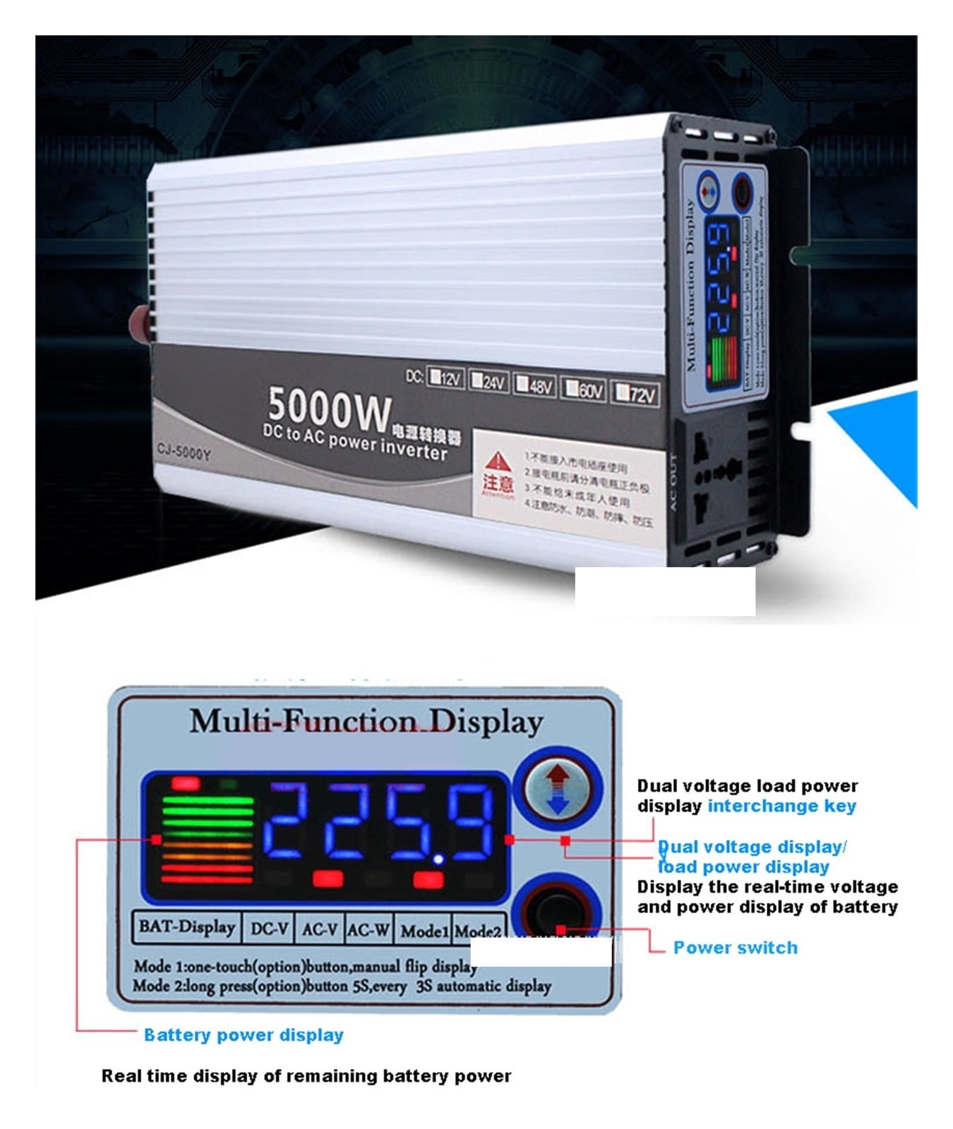 Corrective Wave Digital Display Inverter 5000W Power Inverter 12V 24V 48V 60V 72V To 220 Converter Color Screen Intelligence For Motorhomes,Truck,Boat,Camping,Household,Van ,Portable Design