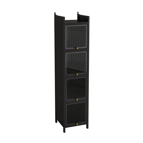 Modern Four-tier Glass Door Cabinet with Featuring Five-tier Storage for Entryway Living Room Bathroom Dining Room (Black)