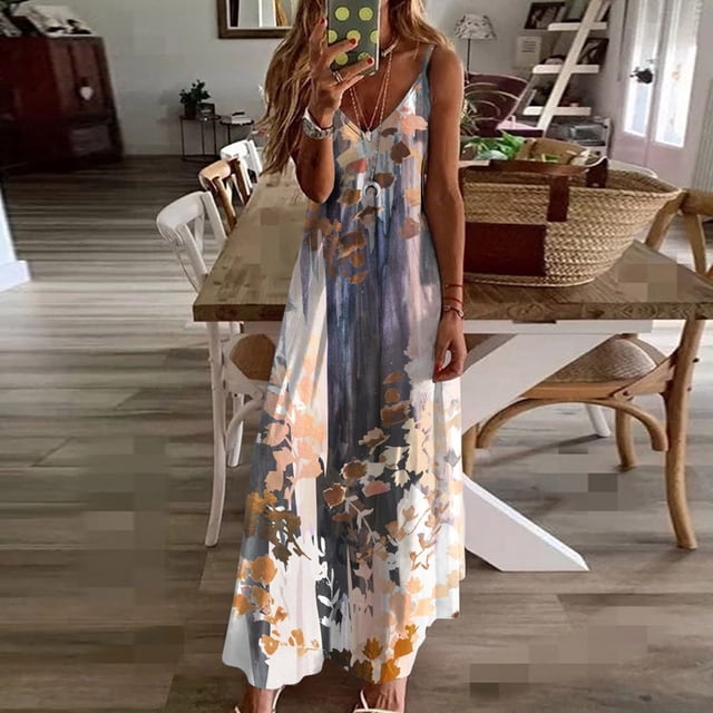 Pisexur Robe Sans Manches à Col en V Robe Longue Décontractée Imprimée Sans Manches à Bretelles à Col en V Robe pour Femmes