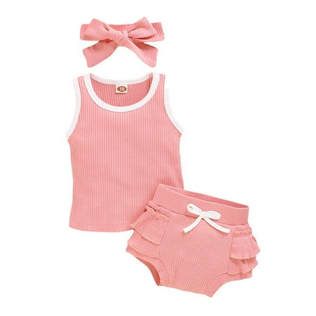 

Baby Girls Sleeveless Solid Vest Tops+Ruffles Shorts+Headbands Outfits Clothes Outwear For 6-9 Months