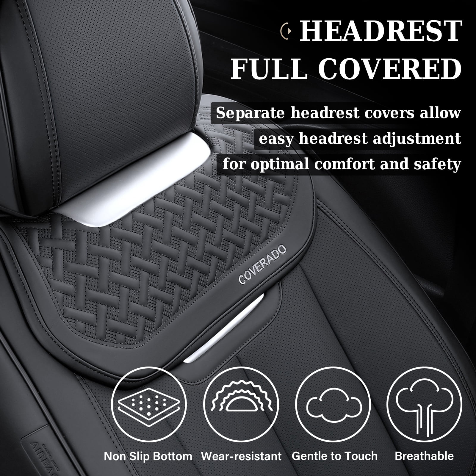 Coverado Front Car Seat Covers, Luxury Leather Car Seat Protectors, Automotive Interior Cushions Universal Fit Most Cars, Black