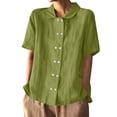 thumbnail image 2 of Womens Tops Plus Size Ladies' Cotton And Linen Shirt 2025 Solid Color Loose Double Breasted Lapel Casual Short Sleeved Blouse, 2 of 4
