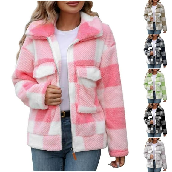BiZtdJrK Womens Winter Jackets Fashion Plaid Zip Up Fleece Jackets Casual Long Sleeve Lapel Plush Coats with Pockets Today Sales Green L