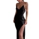 thumbnail image 1 of Txlixc Vestido sexy de horquilla abierta para mujeres, cuello V oscuro sólido, manga larga sin mangas, negro / albaricoque Txlixc moda, 1 of 1