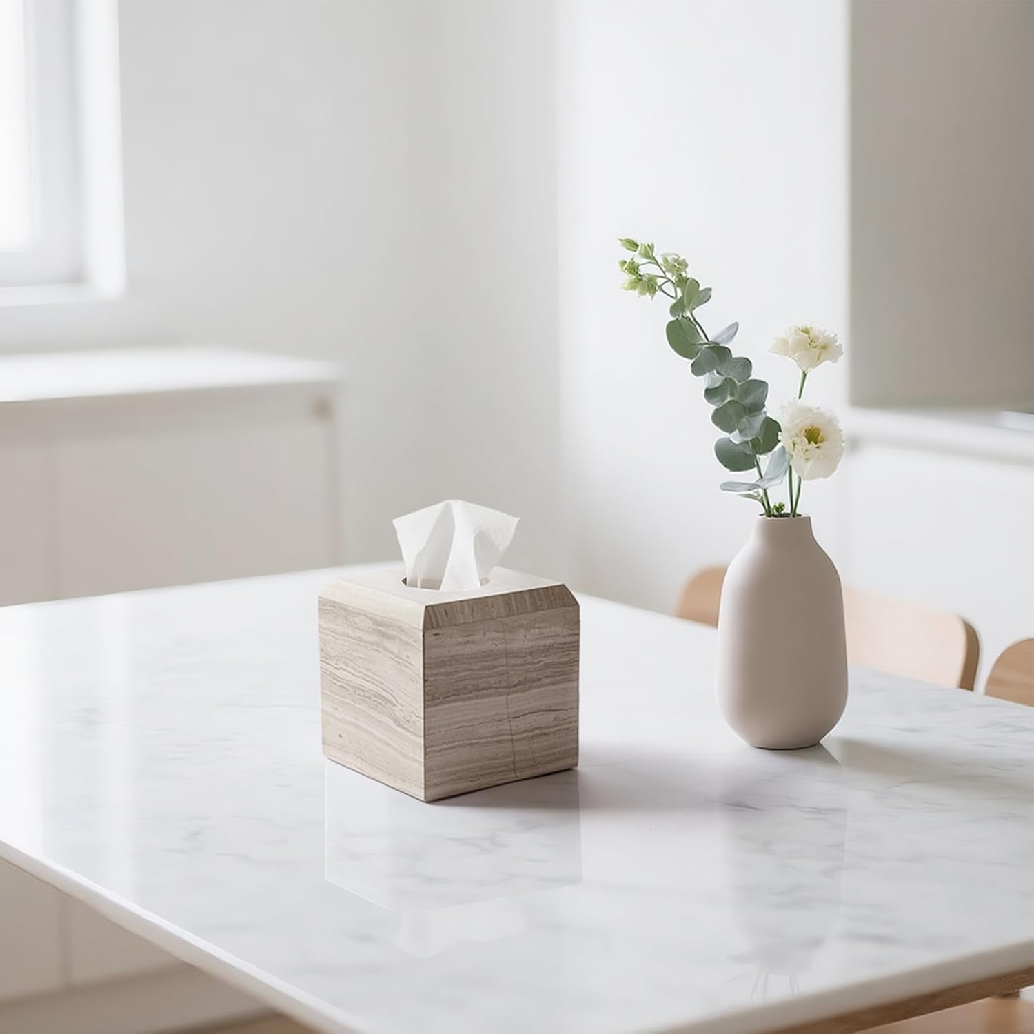 Tissue Box Cover Italy Natural Marble Heavy Duty Square Facial Toilet Paper Holder for Bathroom Living Room Bedroom Dresser Kitchen Minimalistic Office Home Decor Grey (WH078)