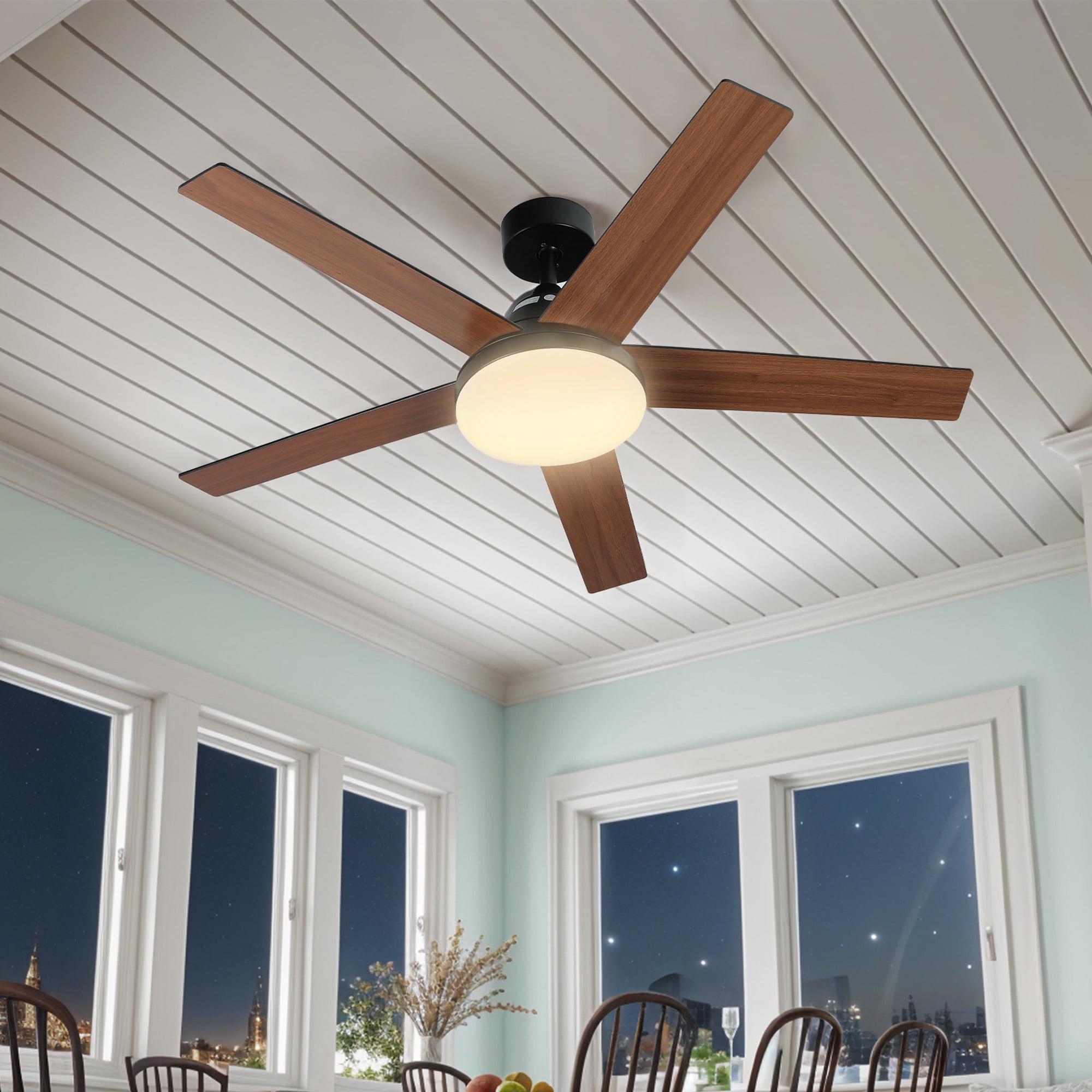 Dextrus 52" Ceiling Fan with Light and Remote Control, Modern Ceiling Fan with 6-Speed Quiet  DC Motor 5 Fan Blades - Black & Walnut