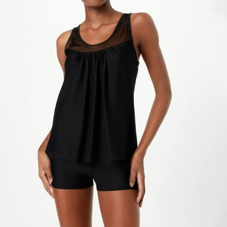 IDALL Tankini Swimsuits Bathing Suit Two Piece Tankini Swimsuits For Women Solid Patchwork Mesh Tank Top With Boyshorts Tummy Control Bathing Suits Swim Suits for Women 2025 Womens Swimsuits Black L