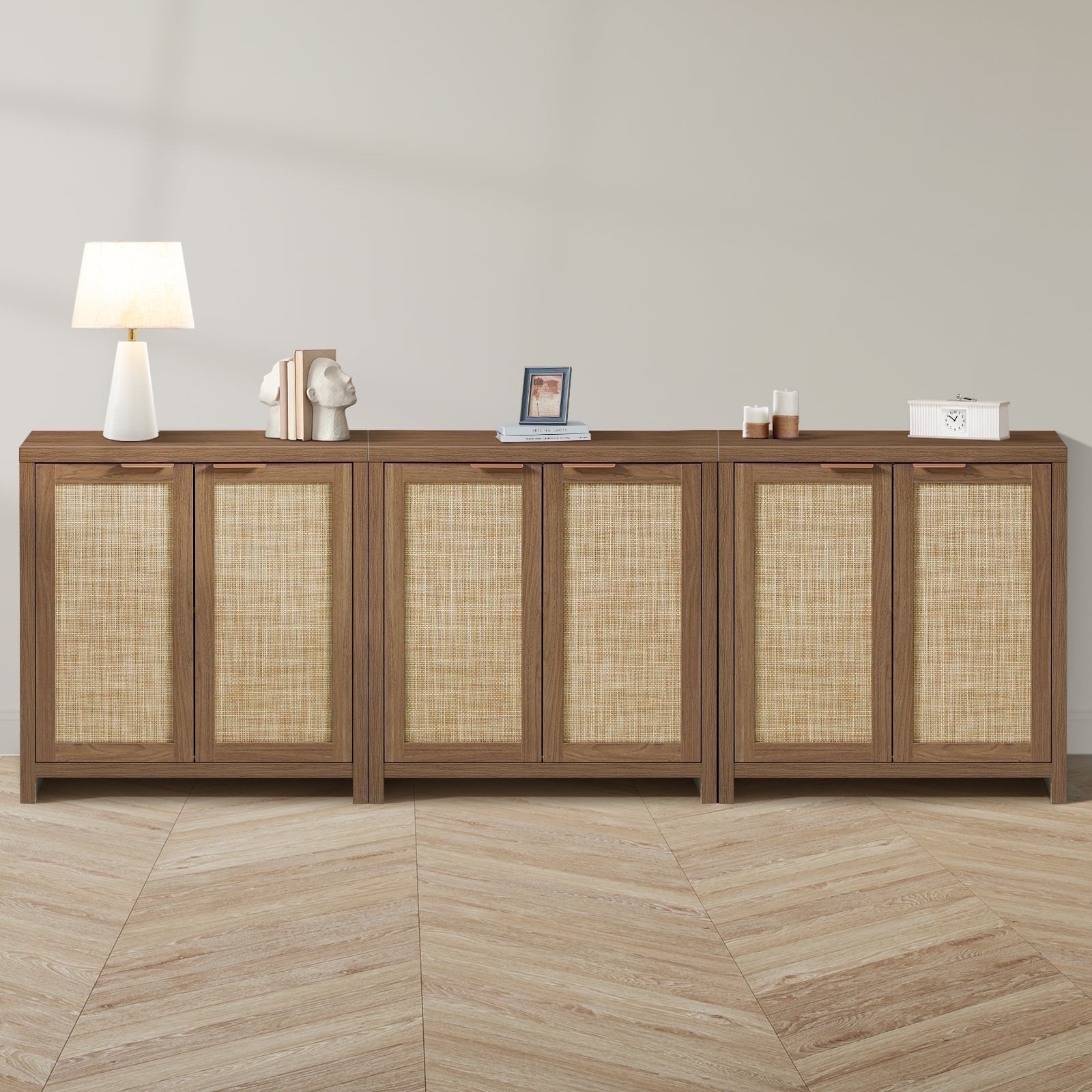 ARKANTOS Rattan Sideboard Buffet Cabinet with Adjustable Shelf, Set of 3, Walnut