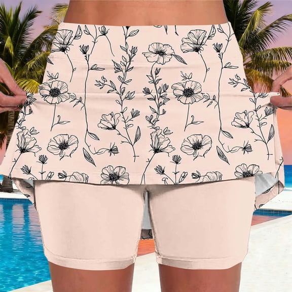 Feancey Boho Floral Skorts for Women High Waisted Stretchy Tennis Skirts with Shorts Mini Summer Workout Skorts Milk Silk Soft Athletic Pickleball Skort Khaki L