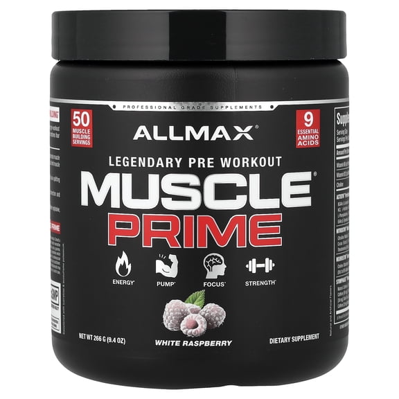 ALLMAX MUSCLEPRIME, White Raspberry - 266 g - Advanced Grade Pre-Workout - Boosts Energy & Focus with 9 Essential Amino Acids - Zero Sugar - 50 Servings