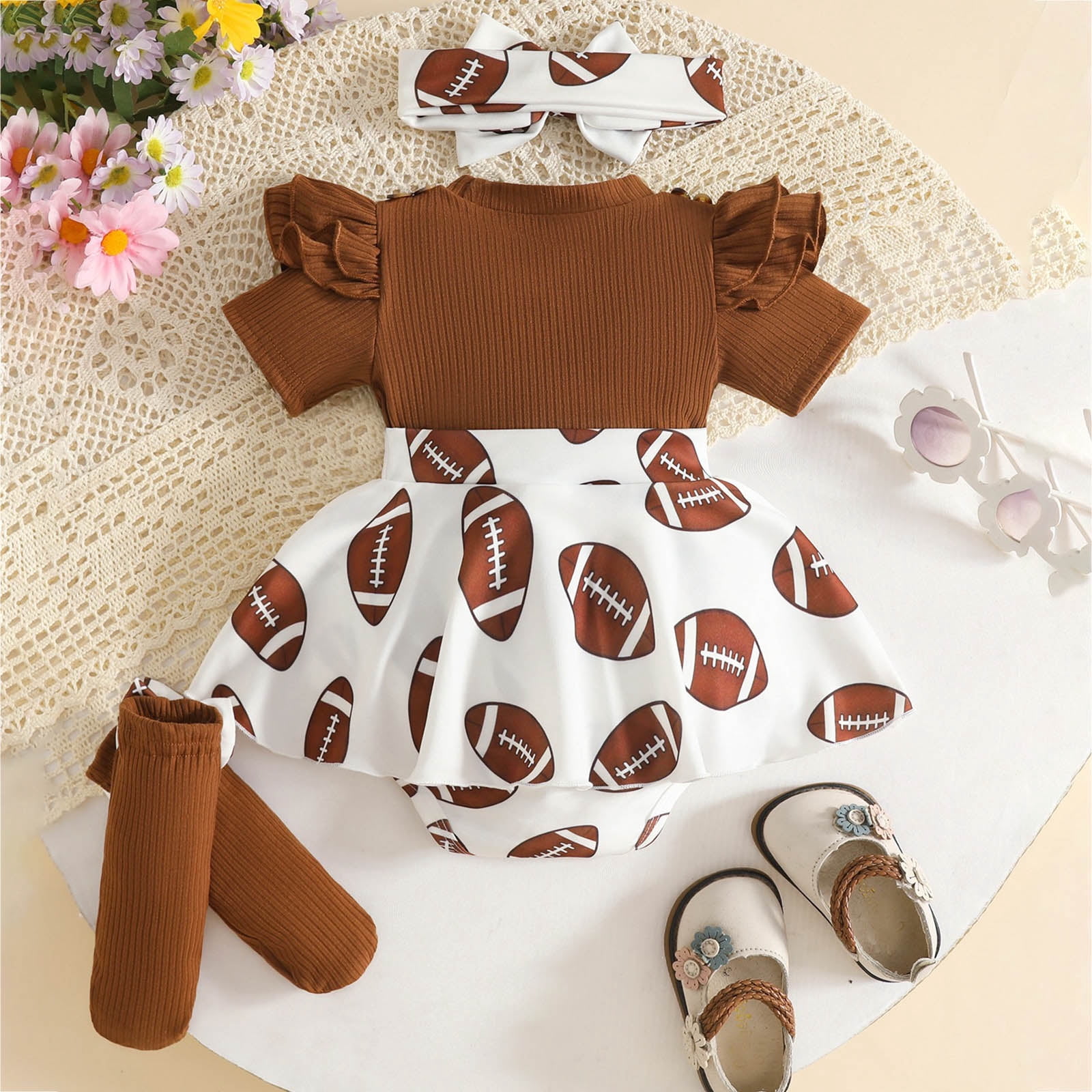 Faraee Baby Girl Summer Clothes Ruffle Romper Short Sleeve Bodysuit Bow Hairband Socks Newborn Infant Cute Outfits (3-6M,Coffee)