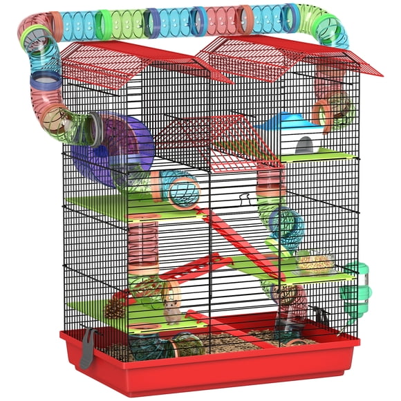PawHut 18.5" Hamster Cage with Tube System, Exercise Wheel, Red