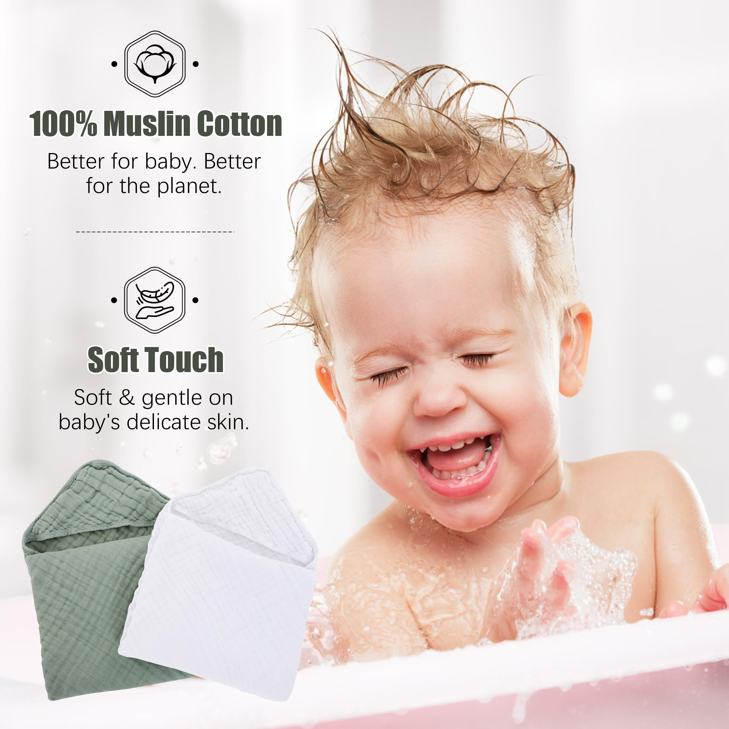2 Pack Hooded Baby Towels - 100% Muslin Cotton for Newborns, Infants, Toddlers - Large 32x32Inch Size - Highly Absorbent and Essential for Newborn Care