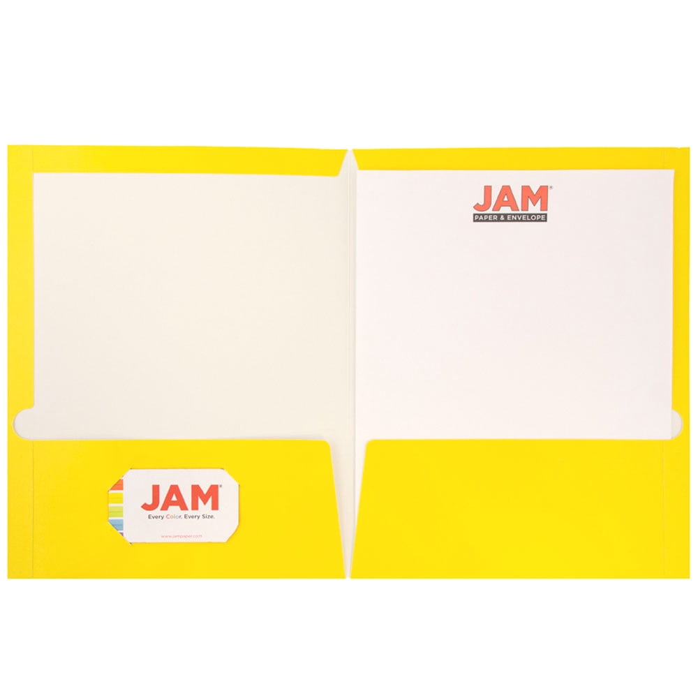 JAM Paper Laminated Two Pocket Glossy Folders, Yellow, Bulk 100/Box