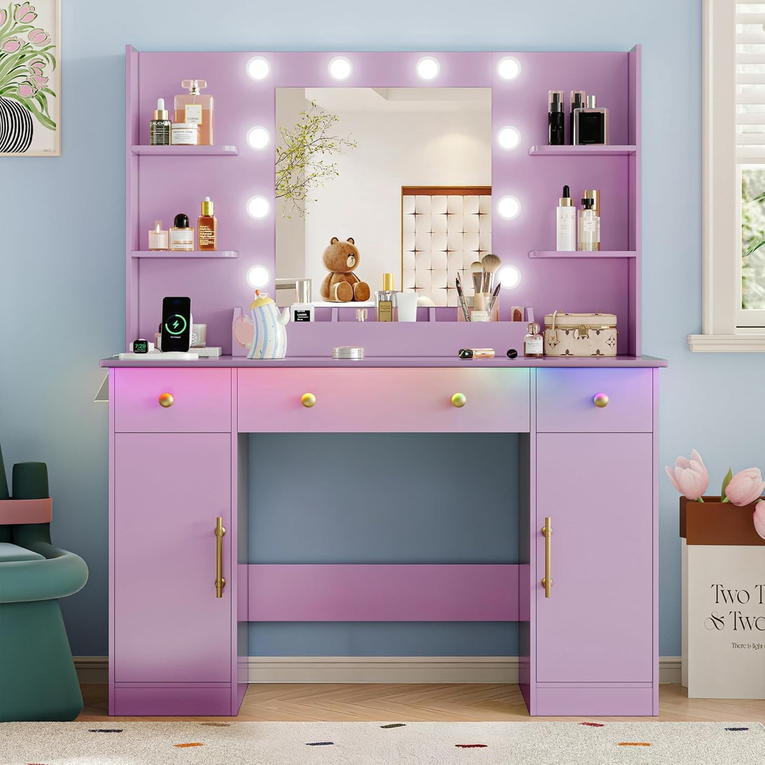FANRAL 43'' Vanity Desk with 10 LED Lights,Under-Table RGB Strip & Built-in Power Station,Multi-Storage Makeup Table for Bedroom Bathroom Grooming,Purple Vanity