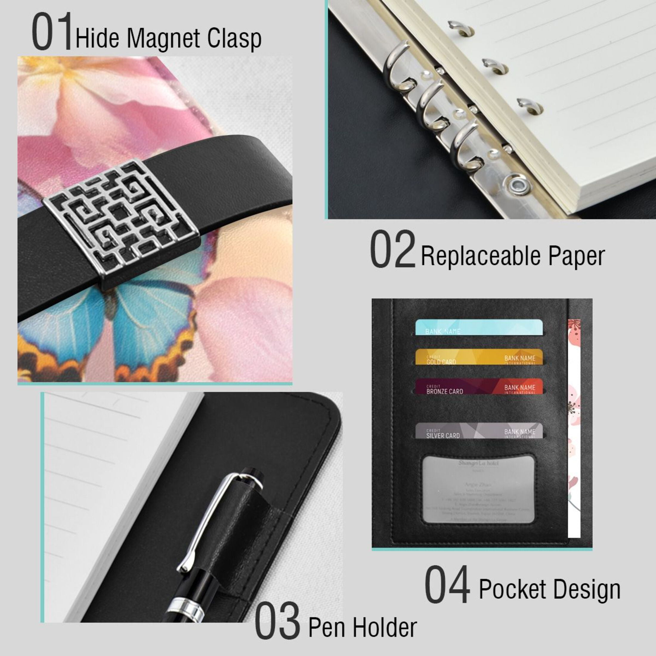 Leather Planner Leather Notebook Notebook Journal Binder Design Pen Pocket Design Convenient for Storage Light Pink Rainbow Butterfly