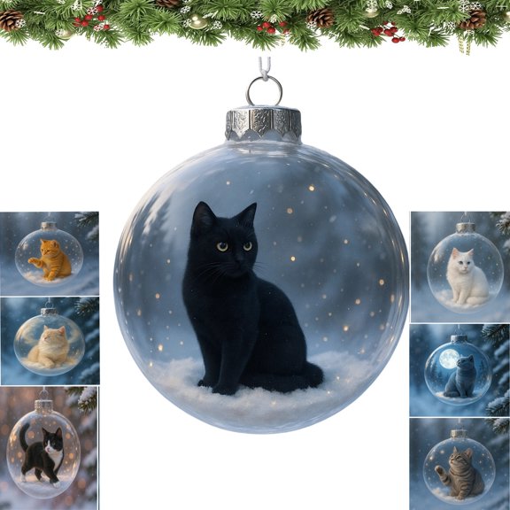 Cute Cat Christmas Glass Ornaments Collection, Xmas Tree Kitten Ball Ornament, Vivid 3D Animal Decoration, for Cats Lovers, Party Centerpiece Mantel, Fall Winter Home Decor