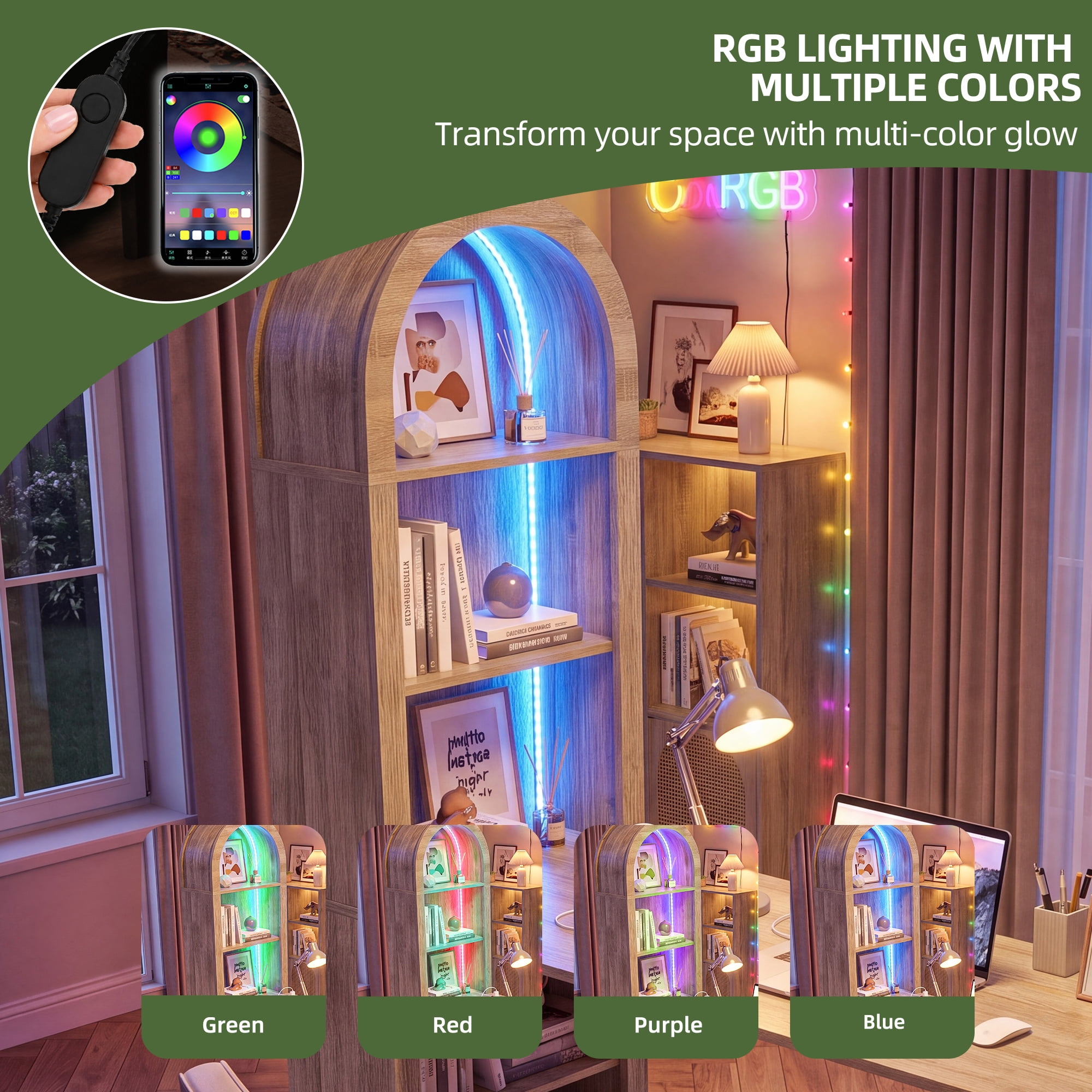 Uforic 59 Inch Modern L-Shaped Computer Desk with RGB LED Light, Built-in Charging Station for Home Office Gaming Study Room, Oak