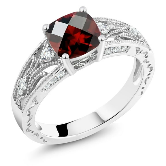 Gem Stone King 925 Sterling Silver Cushion Checkerboard Red Garnet Ring for Women (1.11 Cttw, Gemstone Birthstone, Size 8)