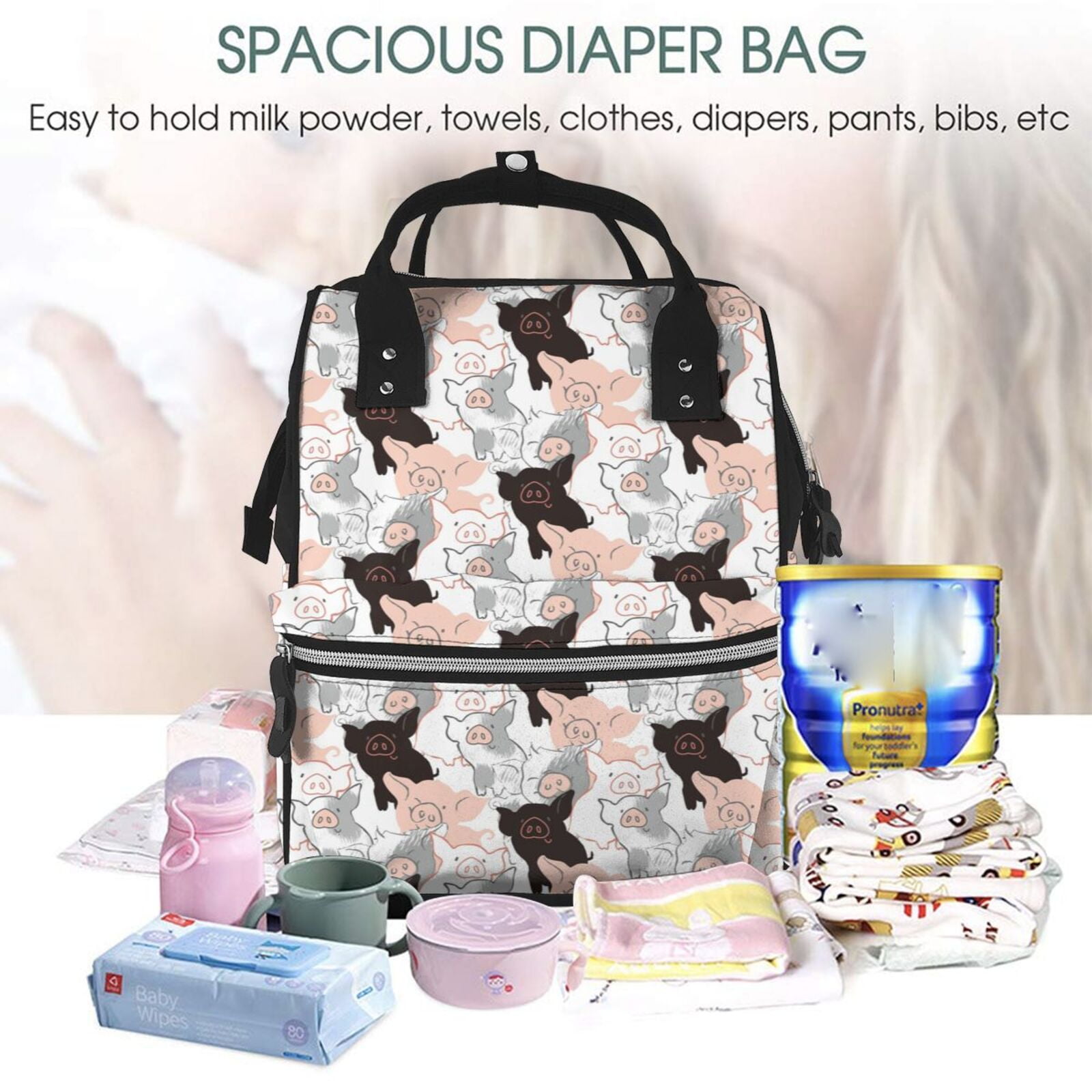 Ratiio Pigs Mummy Backpack - Waterproof Twill Canvas, Large Capacity Diaper Bag with Multiple Pockets and Adjustable Straps