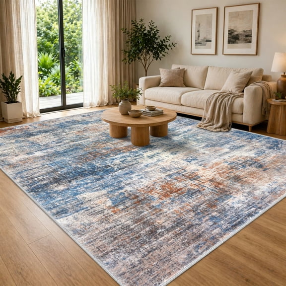 iOhouze Washable Rugs 8x10 for Living Room Modern Abstract Machine Washable Indoor Rugs Soft Carpet Rugs Non Slip Rug for Bedroom Dining Room Office Playroom, Blue/Rust/White