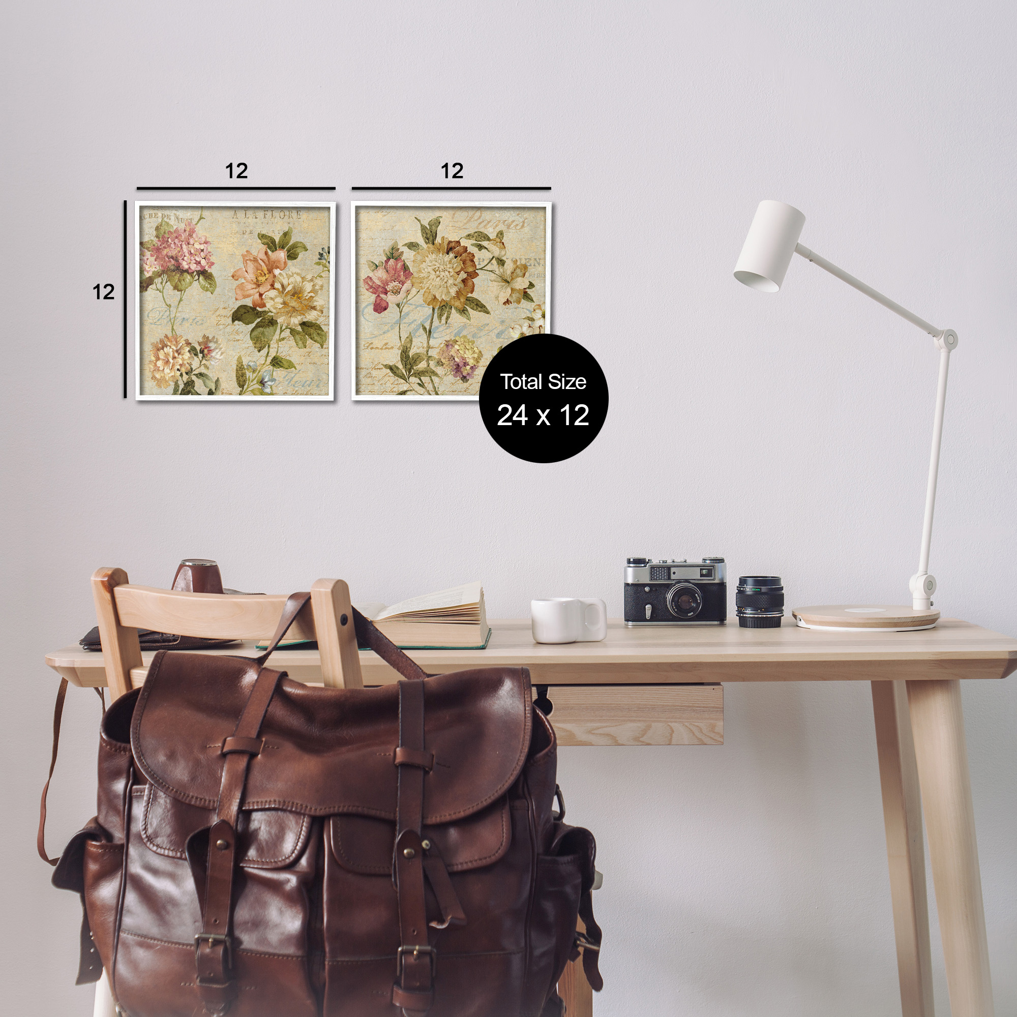 Stupell Industries Vintage French Floral with Script Botanical & Floral Painting White Framed Art Print Wall Art, 12 x 12, Set of 2