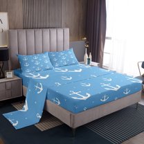 Anchor Pattern Bed Sheets Set Coastal Sea Twin Sheet Set,White Anchor Printed Sheets,Glitter Stripes Bed Set