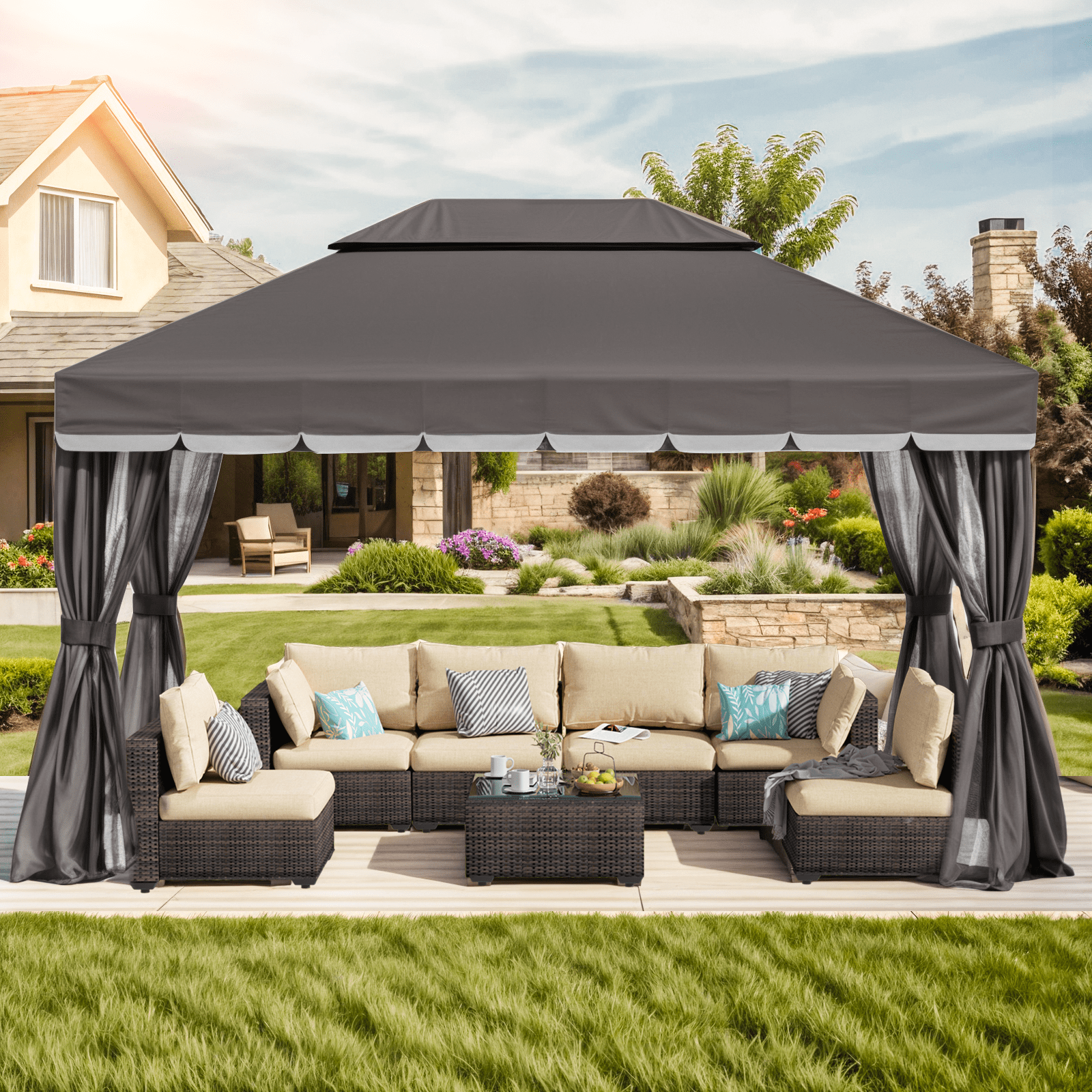 Grezone 10×13 FT Deluxe No Screws\ Gazebo,Double Roof Outdoor Shelter Tent with Mosquito Nettings and Privacy Screens