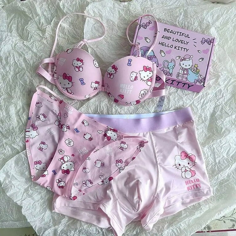 Kawaii Hello Kitty Underwear Set 2023 New Cartoon Printed Sanrio Kitty Cat Bra Underpants Funny Couple Briefs Sweet Girl Bra Set