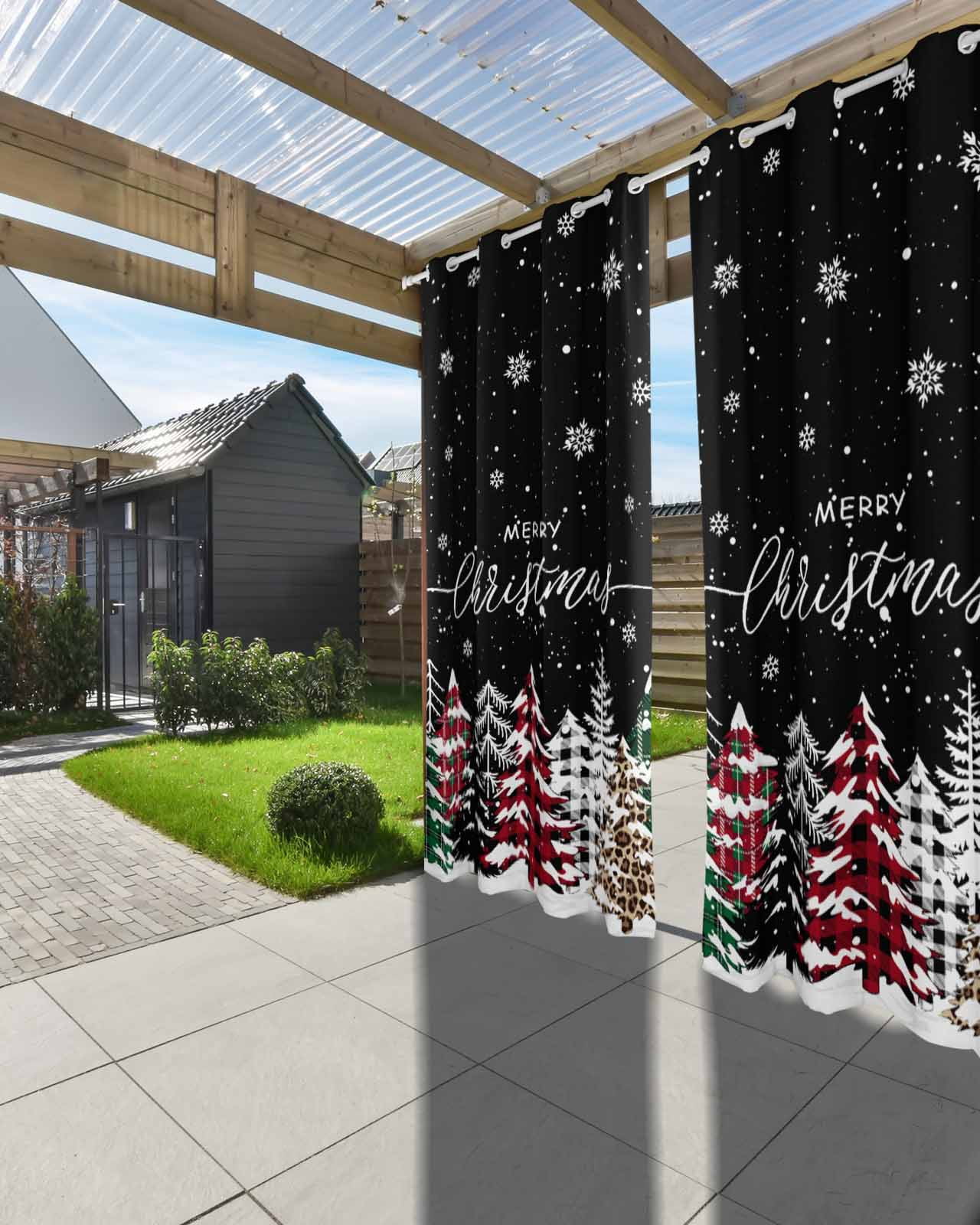 Outdoor Curtains for Patio, Black Christmas Tree Waterproof Blackout Outside Curtain for Porch/Pergola/Gazebo, Winter Xmas Tree Snowflake Thermal Insulated Drapes for Cabana, 2 Panels, 54 x 95 Inch